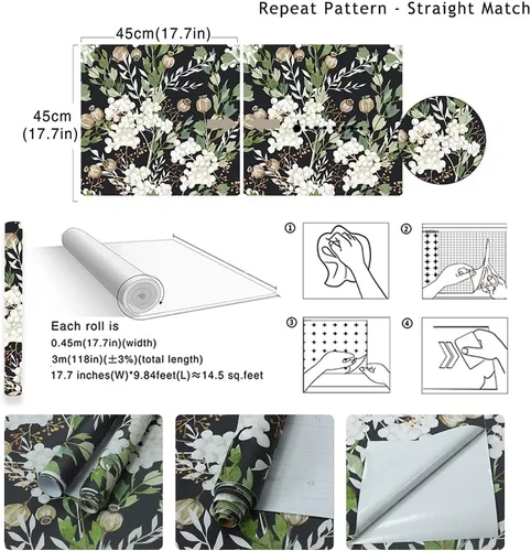 Miniatura 6 de Papel tapiz autoadhesivo con hojas florales oscuras, para baño, papel tapiz autoadhesivo bohemio apto para inquilinos, papel de contacto floral