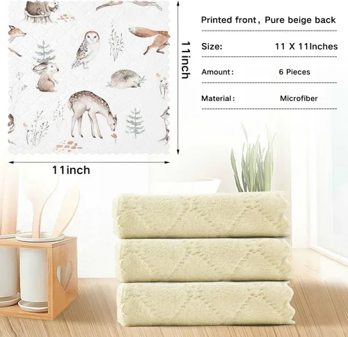 Miniatura 5 de CaTaKu Paños de cocina de animales del bosque de acuarela, paquete de 6 trapos reutilizables para lavar, paños de limpieza de microfibra, paños