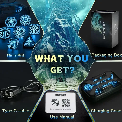 Miniatura 7 de Juego de dados LED DND, Juego de dados con luz recargable genial para mazmorras y dragones, dados poliédricos ZHOORQI D y D con caja de carga