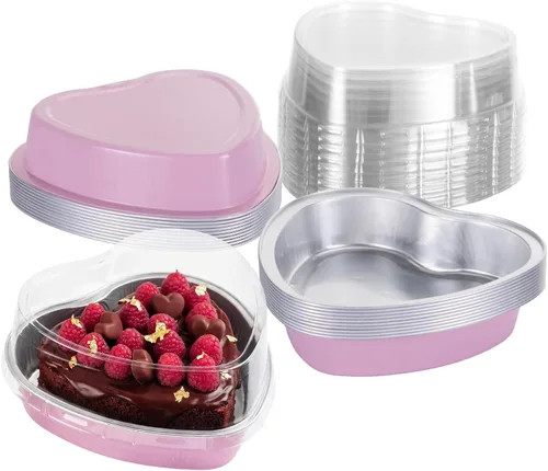 Miniatura 12 de Juego de 15 moldes para pasteles en forma de corazón con tapas, mini recipientes desechables de papel de aluminio para cupcakes de 22.7 onzas