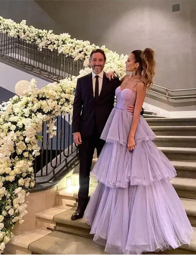 Miniatura 3 de Vestidos de graduación de tul para mujer, con volantes, lazo largo, tirantes delgados, corsé, escalonado, formal, vestidos de fiesta de noche