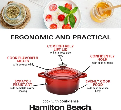 Miniatura 6 de Hamilton Beach Horno holandés de hierro fundido esmaltado de 3 cuartos de galón con tapa, olla resistente para estofar, asar y hornear, color rojo
