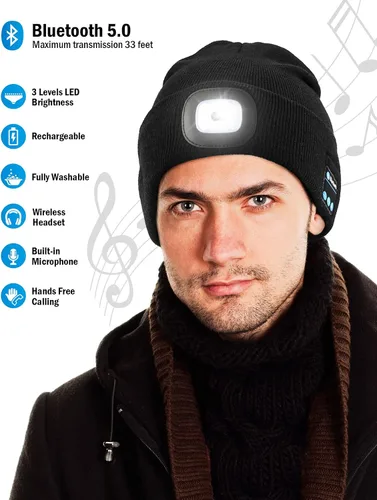Miniatura 2 de Gorro Bluetooth con 4 luces LED, recargable por USB, con auriculares, gorro con altavoces estéreo y micrófono, para iluminar por la noche, gorro