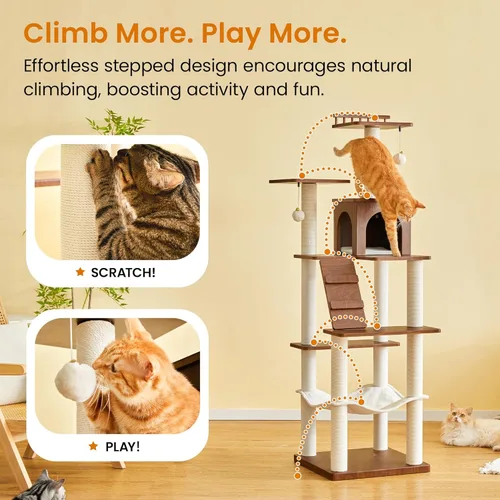 Miniatura 3 de Árbol moderno para gatos de 64 pulgadas, torre para gatos de interior con varios niveles, con 7 postes rascadores completamente envueltos, 2 Marrón