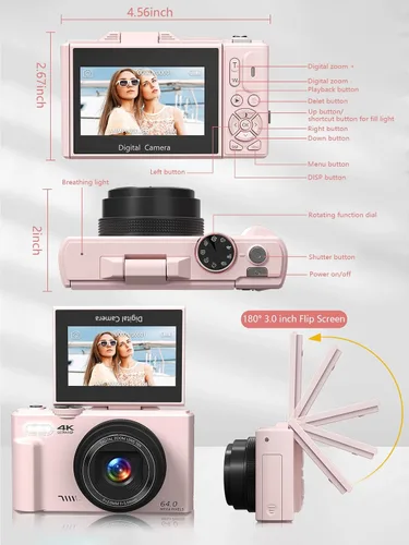 Miniatura 8 de Cámara digital para fotografía, cámara de vlogging 4K para YouTube de 3 pulgadas, pantalla abatible de 180°, zoom digital de 18X, cámaras compactas