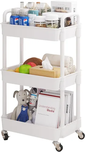 Miniatura 12 de UDEAR Carrito utilitario rodante de 3 niveles, estantes de almacenamiento multifuncionales con asa y ruedas con cerradura para habitación, oficina