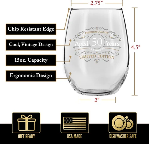 Miniatura 2 de DU VINO Copa de vino sin tallo de edición vintage para hombres y mujeres (50 aniversario) de 15 onzas, copas de vino de feliz cumpleaños para niños