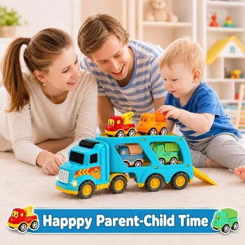 Miniatura 4 de Veslier Camiones de Juguete para Niños de 2, 3, 4, 5 Años, Camiones de Construcción y Transporte para Niños Pequeños de 2-4 Años con 4 Coches