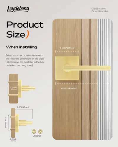 Miniatura 6 de Leydebong Paquete de 1 manija de puerta simulada en latón satinado, manijas interiores que no giran, manijas interiores reversibles resistentes