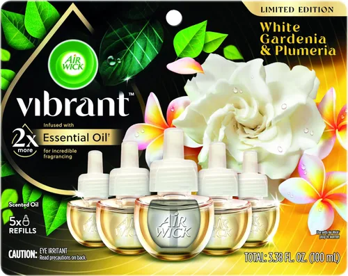 Air Wick Recambios de aceite perfumado enchufable, gardenia blanca + plumeria, ambientadores para el hogar de larga duración, ambientadores de