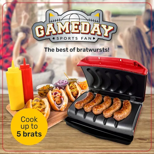Miniatura 2 de Nostalgia Game Day Sausage and Brat Parrilla eléctrica para 5 salchichas con bandeja de goteo de aceite, asa de transporte y almacenamiento