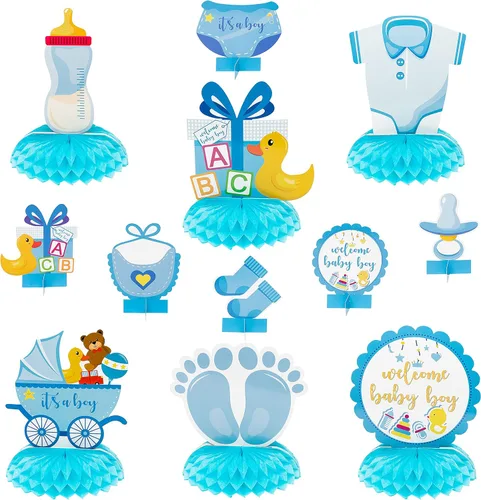 Centros de mesa de fiesta de baby shower azul para niños, 12 piezas de decoración de panal de baby shower, decoración de bienvenida para niños,