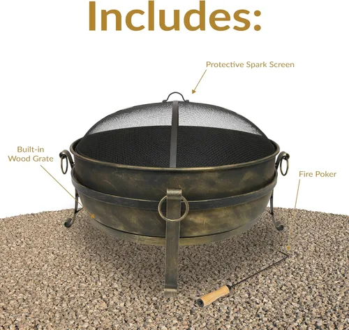 Miniatura 3 de Sunnydaze - Fogata grande de 34 pulgadas para exteriores - Cuenco de fogata que quema leña para exteriores con pantalla contra chispas, atizador