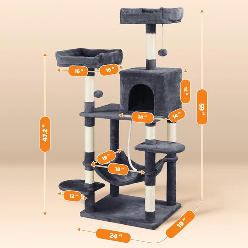 Miniatura 8 de Yaheetech Árbol para gatos de 59 pulgadas con postes rascadores, centro de actividades para escaladores con condominio y dispositivo antivolcado