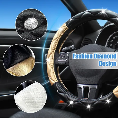 Miniatura 3 de SuperKaKa Funda para Volante Negra y Dorada, Cubierta de Volante de Auto Linda con Diamantes de Imitación Brillantes de Cuero Suave y Cómodo