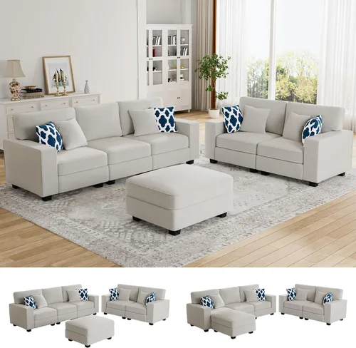 Miniatura 23 de Legend Vansen - Sofá modular seccional en forma de U con otomano, moderno, reversible, de esquina, para sala de estar (Créma, Sofá en forma de U-3)