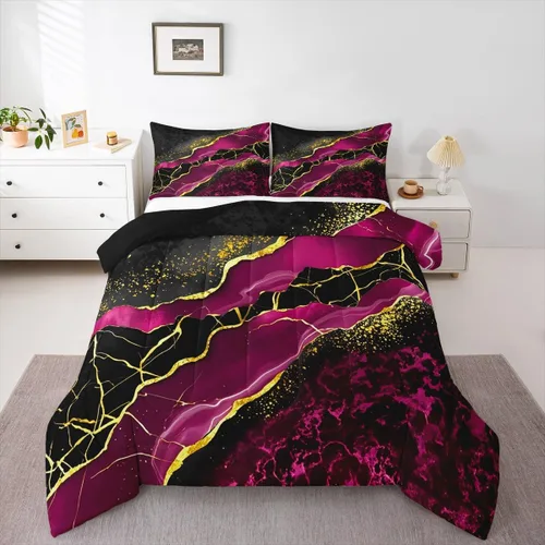 Miniatura 10 de Juego de edredón de mármol negro individual, ropa de cama dorada agrietada para adultos, hombres y mujeres, juegos de edredón de textura metálica