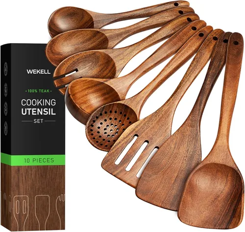 Juego de 8 piezas de utensilios de cocina de madera de teca, cucharas y espátulas de madera natural para utensilios de cocina antiadherentes, juego