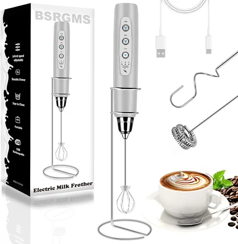 Miniatura 15 de BSRGMS Espumador de leche de mano para café, batidor eléctrico de 3 velocidades ajustables, mezclador de bebidas con 3 batidores de acero