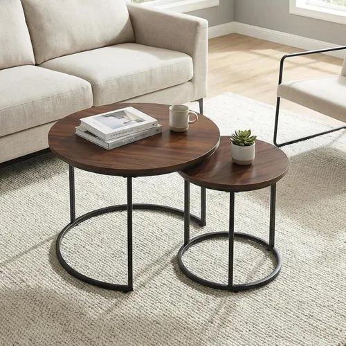 Juego de 2 mesas de centro redondas anidadas, mesas anidables de madera con patrón de mármol moderno, mesa auxiliar apilable minimalista para sala