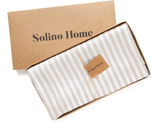 Miniatura 3 de Solino Home Mantel de lino a rayas de 52 x 52 pulgadas, mantel cuadrado 100% lino puro natural y blanco, diseño de rayas Amalfi, lavable a máquina