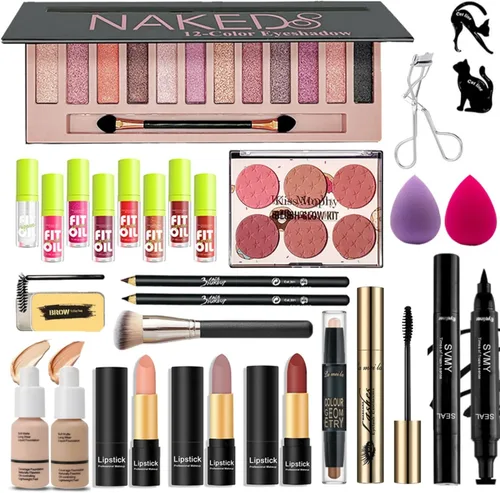 28 piezas Kit completo de maquillaje todo en uno para mujeres, juego de maquillaje para mujeres y principiantes, sombras de ojos, base, pintalabios,