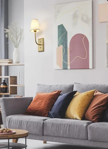 Miniatura 4 de Aplique de pared de latón de granja, 1 luz, pantalla de tela de lino, lámpara de pared interior con cable para dormitorio, sala de estar, tocador
