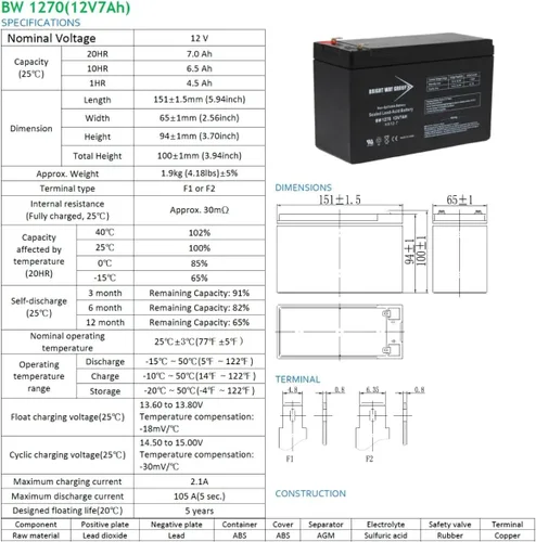 Miniatura 7 de Long Way LW-6FM6 - Batería compatible con SLA, 12V 7Ah F1 BW1270-F1