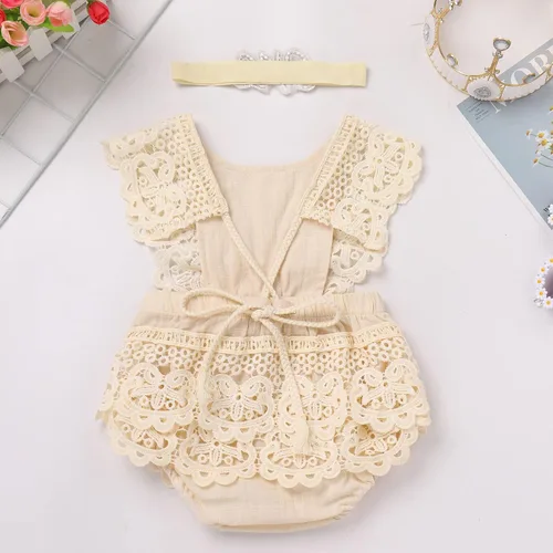 Miniatura 3 de IMEKIS Conjunto de mameluco de encaje bohemio para bebé recién nacido para primer cumpleaños + diadema + cinturón de banda