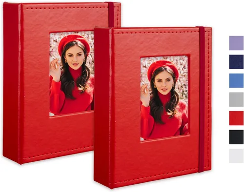 Álbum de fotos pequeño de 4 x 6 pulgadas, paquete de 2 libros de fotos de cuero, cada mini álbum de 26 páginas tiene capacidad para 52 fotos, Rojo