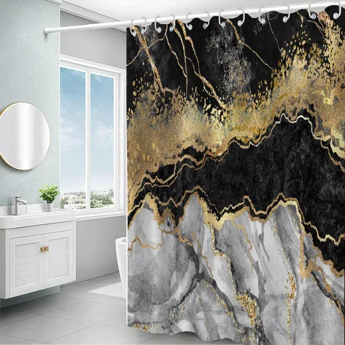 Miniatura 5 de Cortina de ducha pequeña de mármol negro y blanco, cortina de ducha con purpurina dorada, textura estética abstracta con pintura de gouache, cortina