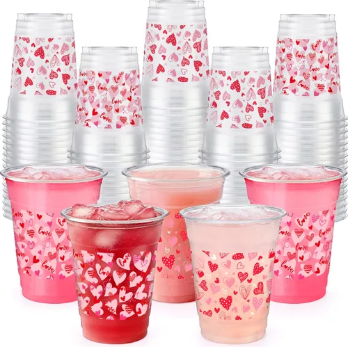 Miniatura 11 de Qinyoung 100 vasos de plástico con lazo rosa de 12 onzas, vasos desechables de coqueta, lazo rosa y corazón, vasos de plástico transparente