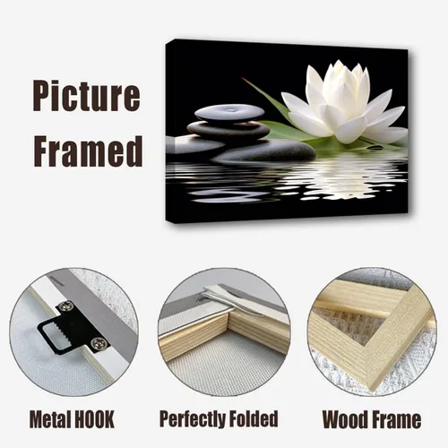 Miniatura 6 de LZIMU Lienzo decorativo para pared, diseño de loto blanco y piedras zen negras que florecen en el agua, impresiones de imágenes para yoga, spa