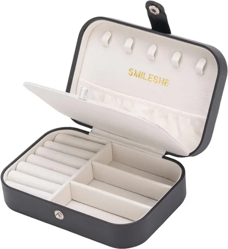 Smileshe Joyero estuche de viaje portátil pequeño de piel sintética organizador de 2 capas cajas de almacenamiento para anillos aretes collares
