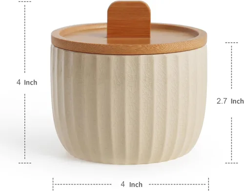 Miniatura 2 de Recipiente de sal con tapa de bambú, cuencos de cerámica de gran capacidad de 14 onzas, caja de pimienta, recipiente de condimentos de esmalte Crema