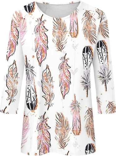 Miniatura 2 de LPIGOH Camisetas de manga 34 para mujer, estilo casual, con estampado floral, cuello redondo, camisetas básicas, ajustadas, camisetas de primavera