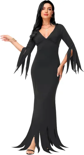 Miniatura 4 de AOBUTE Disfraz de Morticia de Halloween para mujer, vestido largo ajustado con cuello en V