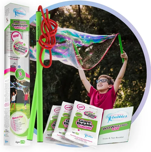 WOWmazing Kit de polvo de burbujas gigantes: incluye varita de burbujas grande y 3 paquetes de polvo de burbujas grandes (hace 3 galones) | Juguete