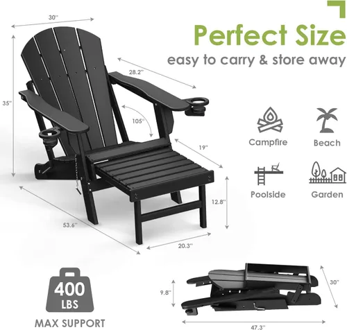 Miniatura 2 de GREENVINES Adirondack - Sillas con otomana Juego de 2 Plegables Reposapiés retráctil Plástico HDPE Silla para hoguera para todo
