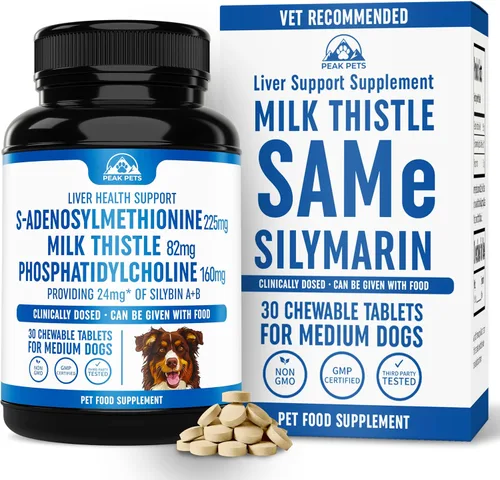 Suplemento de apoyo hepático para perros medianos con silimarina (SAMe y silybina) S-adenosil-L-metionina (SAM-e) y silybum (cardo lechería)