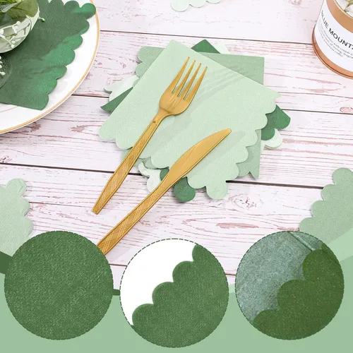 Miniatura 3 de Whaline Paquete de 200 servilletas de cóctel de color verde salvia, servilletas de papel de color degradado verde salvia con bordes festoneados