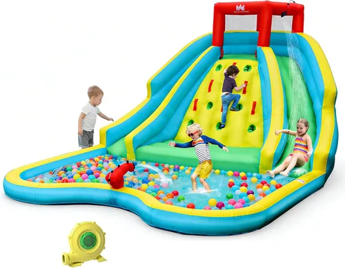 Boundtech - Casa inflable de agua para saltar, con doble tobogán, para niños, con pared para escalar, cañón de agua, chapoteadero, incluye bolsa de