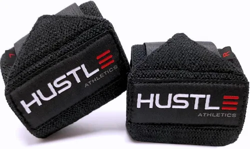 Miniatura 7 de Hustle Athletics Muñequeras para levantamiento de pesas, correas de soporte de muñeca de 18 pulgadas aprobadas por la USPA para prensa de banco