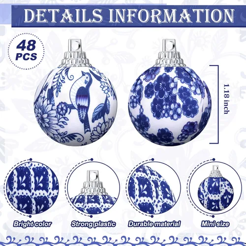 Miniatura 3 de Preboun 48 Piezas Adornos de Bolas Navideñas Chinoiserie Azul y Blanco Decoración de Árbol Chinoiserie Adornos Colgantes para Árbol de Navidad