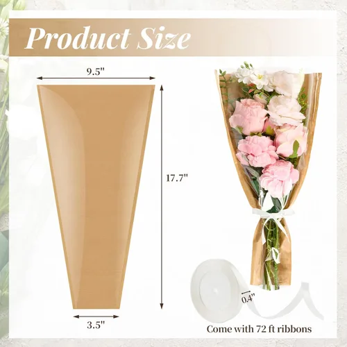 Miniatura 2 de Mauproy Paquete de 50 bolsas de flores para ramos de flores, papel de regalo de flores, fundas de papel kraft con cintas para graduación