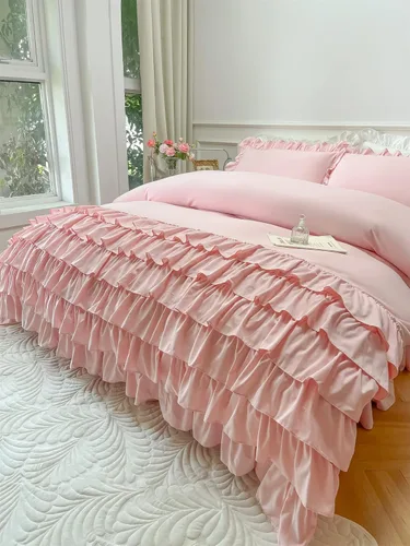 Miniatura 3 de MOOWOO Ropa de cama para niñas – Funda de edredón con volantes en cascada – 2 piezas Shabby Chic Color sólido suave y transpirable con cierre de Rosa