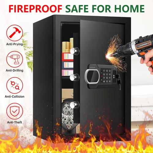 Miniatura 2 de Cajas fuertes grandes de 3.4 pies cúbicos para el hogar, resistente al agua y al fuego con teclado digital y cerradura de llave, cajas fuertes