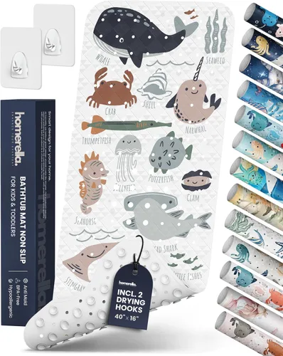 Miniatura 12 de Homerella - Alfombrilla de baño antideslizante y antideslizante para niños, 40 x 16 pulgadas, sin BPA, incluye 2 ganchos, tapete de ducha lavable