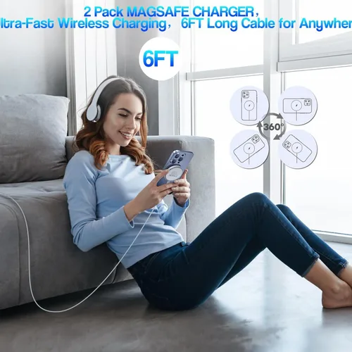 Miniatura 7 de [Certificado MFi de Apple] Cargador inalámbrico magnético para iPhone 17 16 15, 2 unidades de 6 pies y 15 W, cargador rápido Apple Mag-Safe USB C