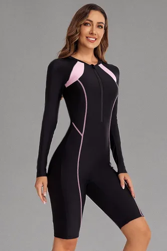 Miniatura 7 de ECUPPER Traje de baño de una pieza de manga larga para mujer, con cierre Boyleg, protector de erupción, cobertura de traje de baño de surf, traje